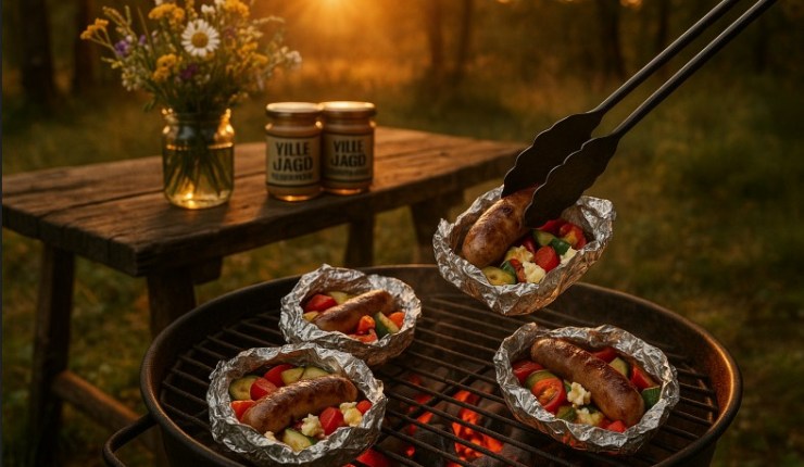 Wilde Grill­päckchen mit Wild­würst­chen, Feta und Früh­lings­gemüse