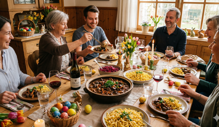 Reh-Ragout „Ostern“ mit Waldpilzen und Preiselbeer-Rahm