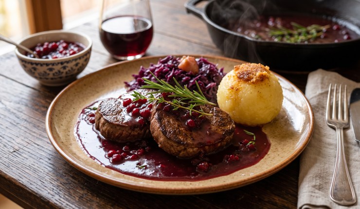 Saftiges Hirsch-Schmorsteak mit Rotwein-Preiselbeer-Sauce